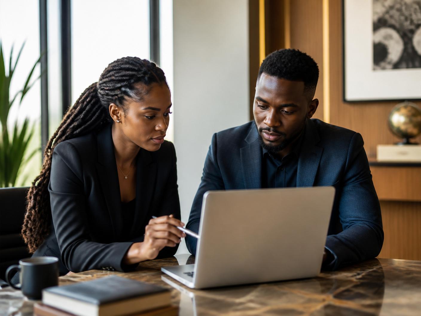 Two Black professionals collaborating over a laptop in a modern office.