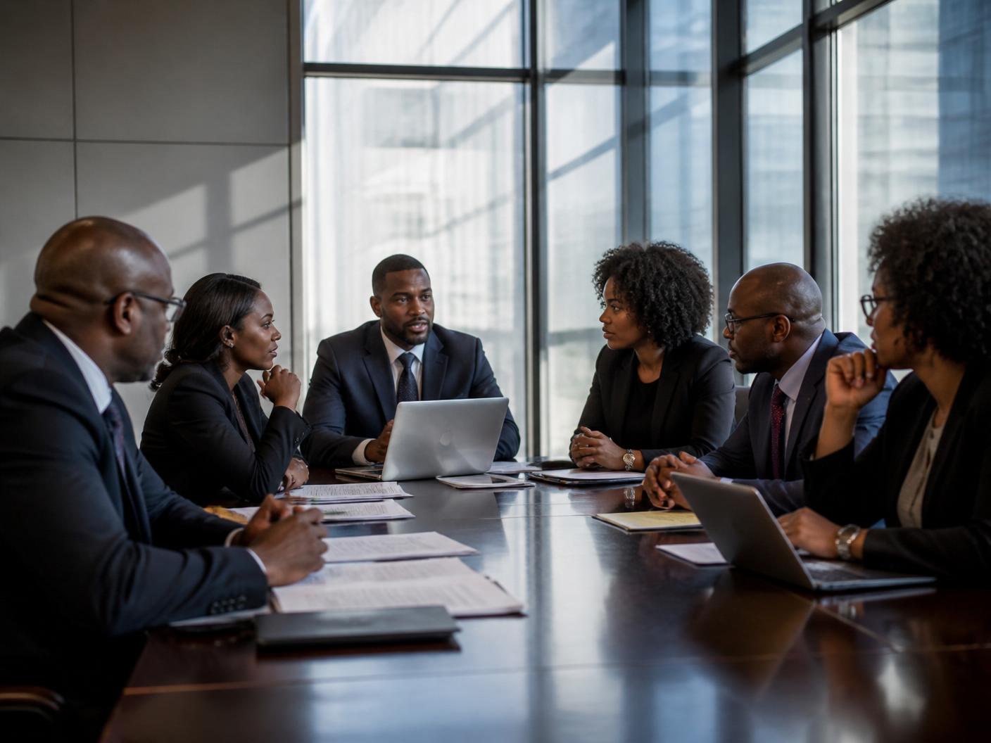 An all-Black leadership team meeting around a boardroom table.
