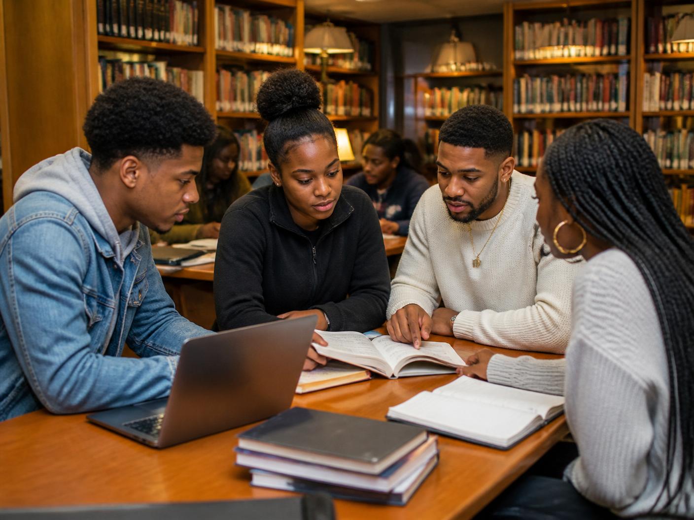 Black HBCU students studying together at a library table.